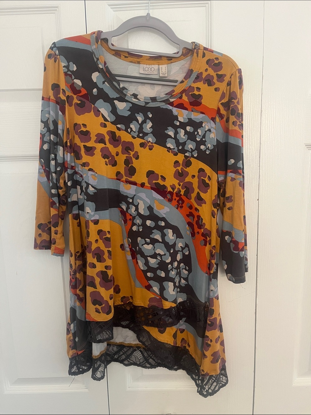 Multicolor Animal Print Lace-Hem Women's Top - Mustard Mix